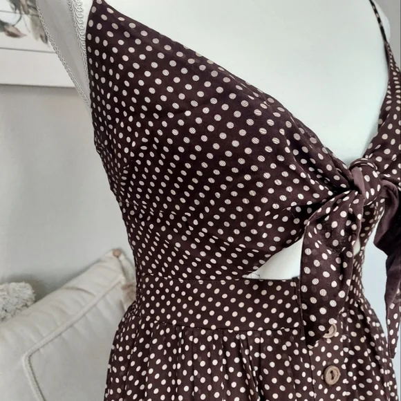 Skylar+Madison Midi Brown Polkadot Flowing Cutout Swing Summer Dress Size Small - Picture 3 of 7